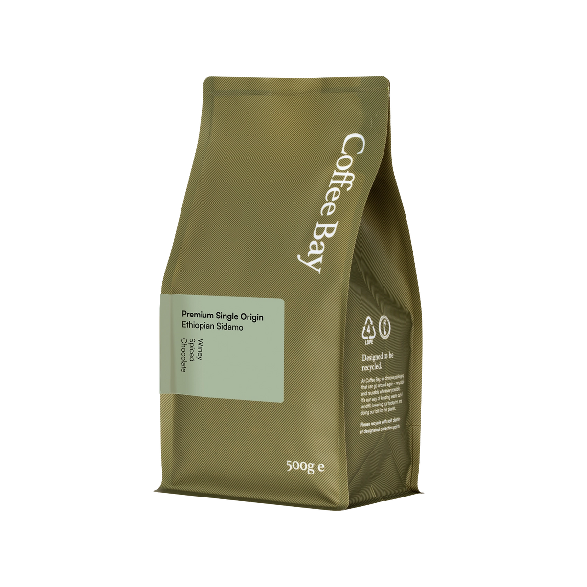 Ethiopian Sidamo wholesale coffee beans bag angled view | Coffee Bay UK